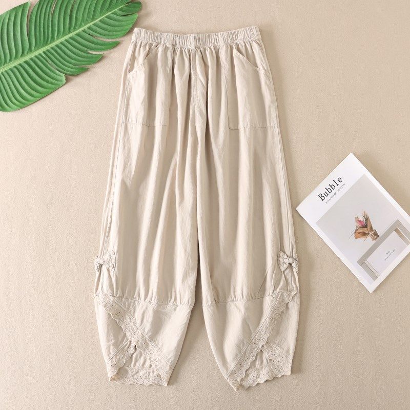 复古文艺宽松显瘦时尚蕾丝拼接休闲裤女夏季棉麻八分裤子 F34,淘宝优惠券,粉丝福利购,淘宝优惠卷