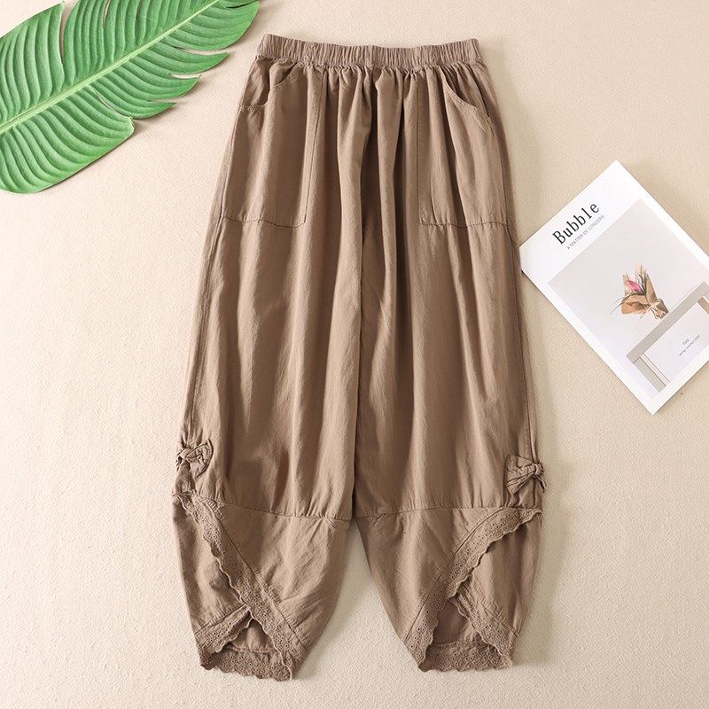 复古文艺宽松显瘦时尚蕾丝拼接休闲裤女夏季棉麻八分裤子 F34,淘宝优惠券,粉丝福利购,淘宝优惠卷