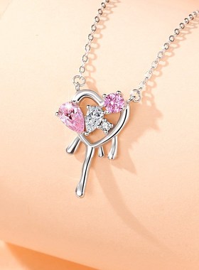 爱心纯银925项链女时尚百搭款粉钻锁骨链情人节礼物钥匙锆石吊坠