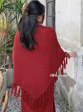 气质中式复古红色旗袍披肩女结婚礼服婚礼敬酒服外搭空调三角披巾
