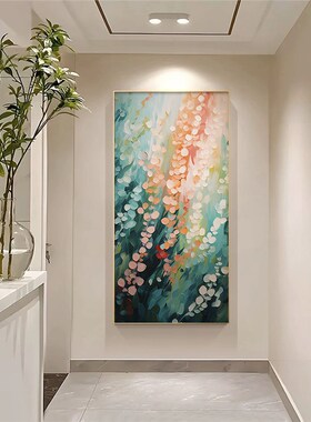 原木风玄关挂画绿色抽象入户正对门壁画高级轻奢过道背景墙装饰画