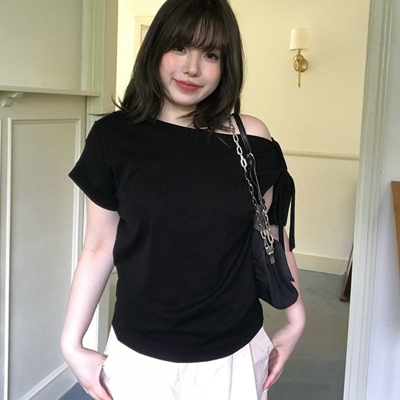 300斤胖mm大码美式设计感褶皱斜肩宽松高腰显瘦短袖T恤女露肩上衣,淘宝优惠券,粉丝福利购,淘宝优惠卷