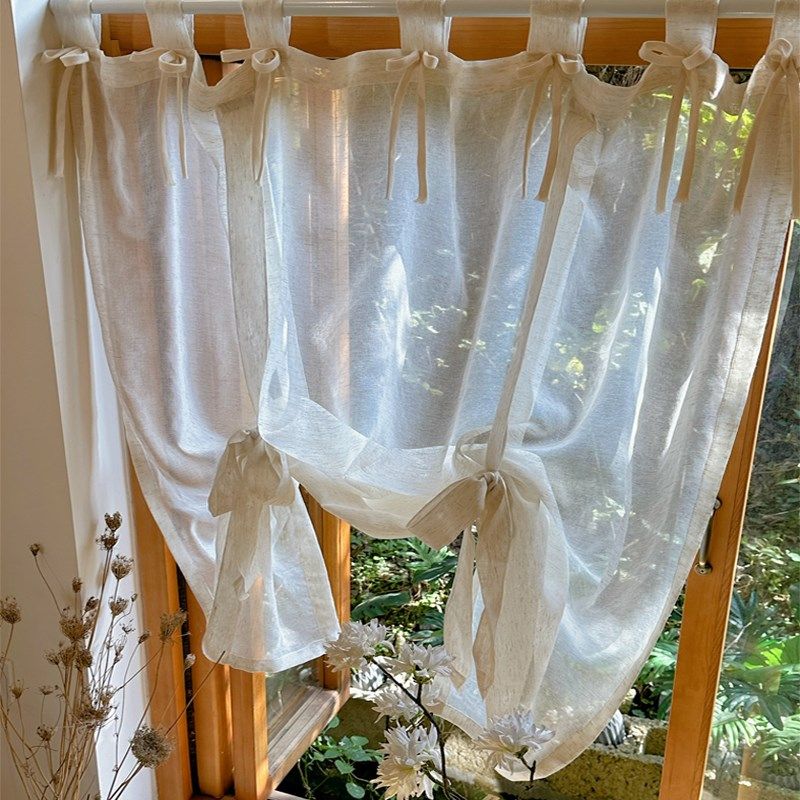 法式日式亚麻免打孔中古风衣帽间吊带款提拉帘书房侘寂风厨房窗帘,淘宝优惠券,粉丝福利购,淘宝优惠卷