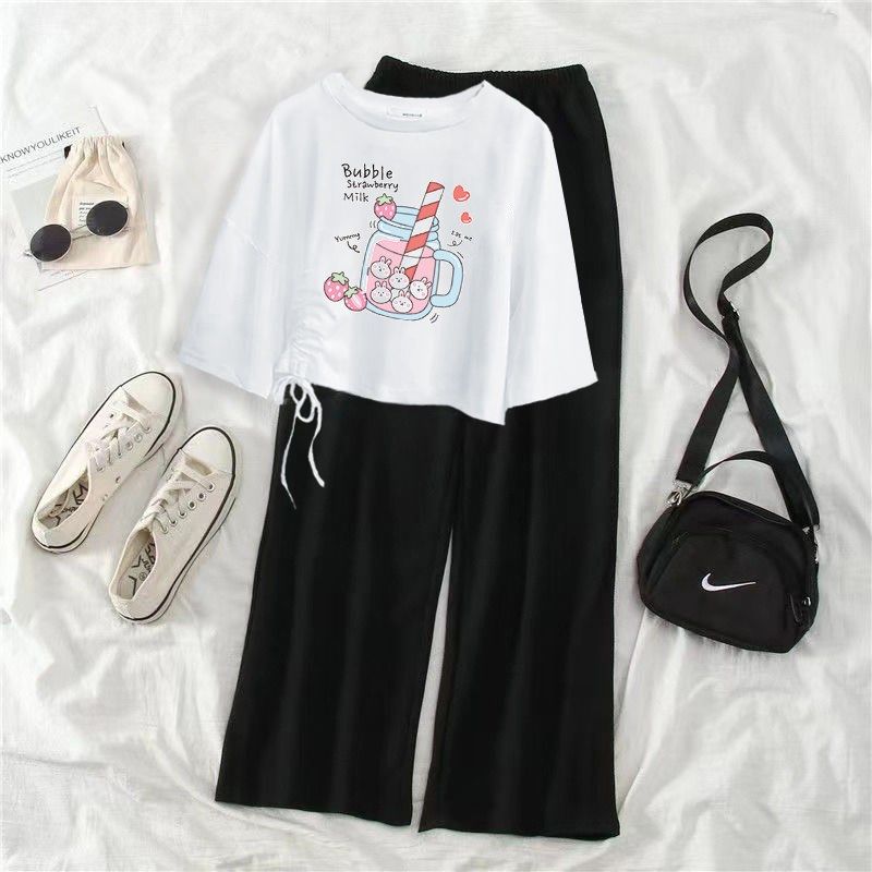 单件/套装夏季新款不规则抽绳短款短袖t恤女宽松休闲阔腿裤两件套,淘宝优惠券,粉丝福利购,淘宝优惠卷