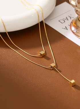 金色双层叠戴时尚小方块吊坠项链女简约气质锁骨链高级感轻奢颈链