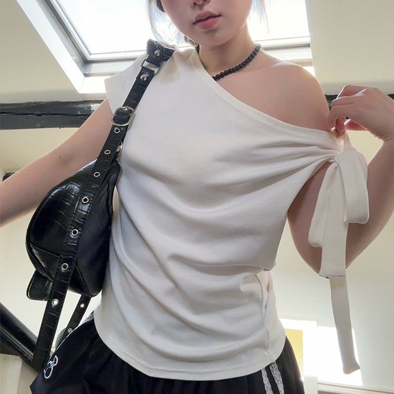 300斤胖mm大码美式设计感褶皱斜肩宽松高腰显瘦短袖T恤女露肩上衣,淘宝优惠券,粉丝福利购,淘宝优惠卷