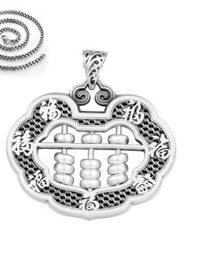 999纯银如意算盘吊坠男女毛衣链长款O字链复古做旧百搭项链银配饰