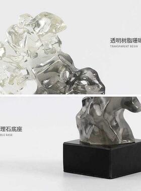 禅意太湖石别墅玄关新中式软装饰品博古架透明水晶售楼部摆件