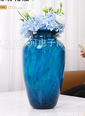 现代轻奢孔雀蓝玻璃花瓶摆件客厅插花客厅玄关样板间售楼部花器