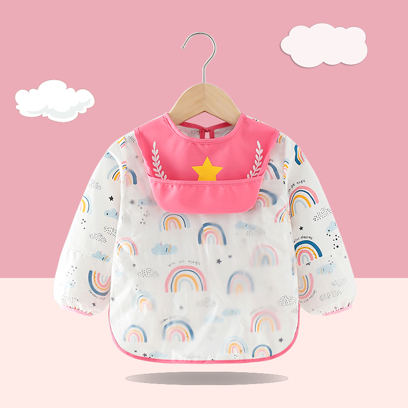Coverall children's waterproof and anti-dirty pure n cotton rice pocket female baby eating bib spring and autumn long-sleeved male baby wear backwards