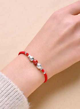 手绳diy材料包999银小鱼自编手D绳男女手工编织红绳情侣手链一对