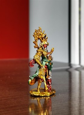 崇宁真君铁佛寺关公造像纯铜实心釉彩手绘车载办公室案头小摆件