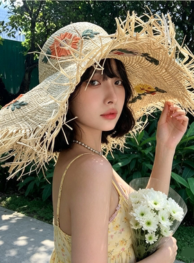 法式拉菲草帽女夏季出游海边沙滩度假风大帽檐遮阳防晒帽太阳帽子