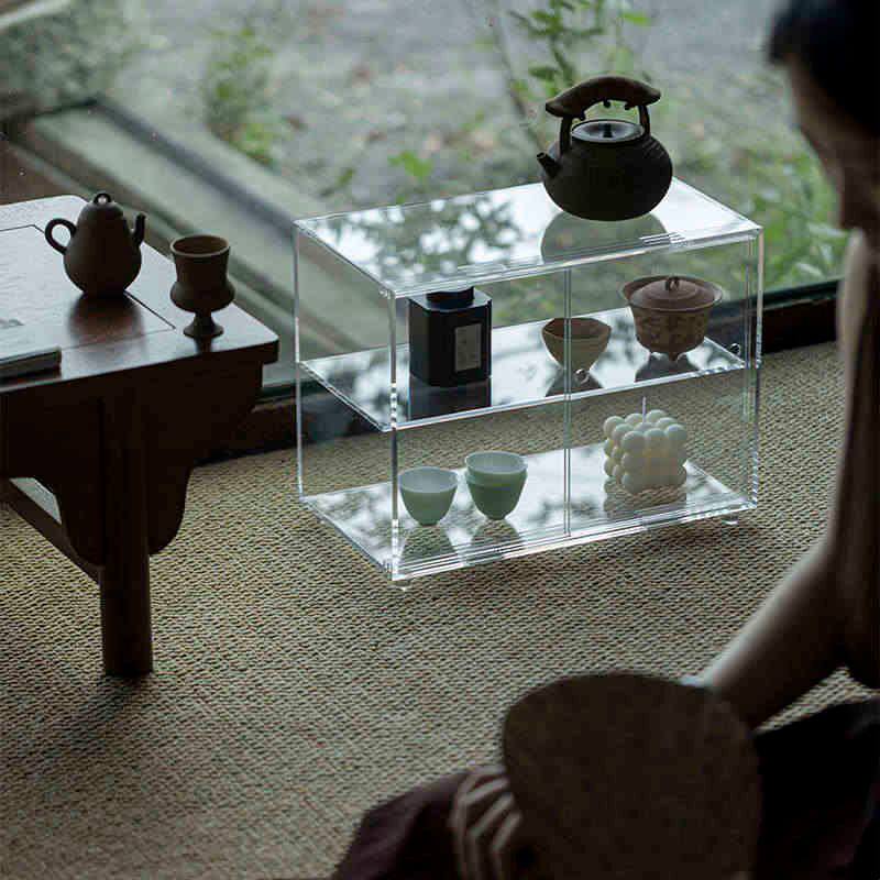 Grass and Wood Temple sliding door acrylic tea shed tea set storage display bo ancient shelf indoor home shelf dustproof