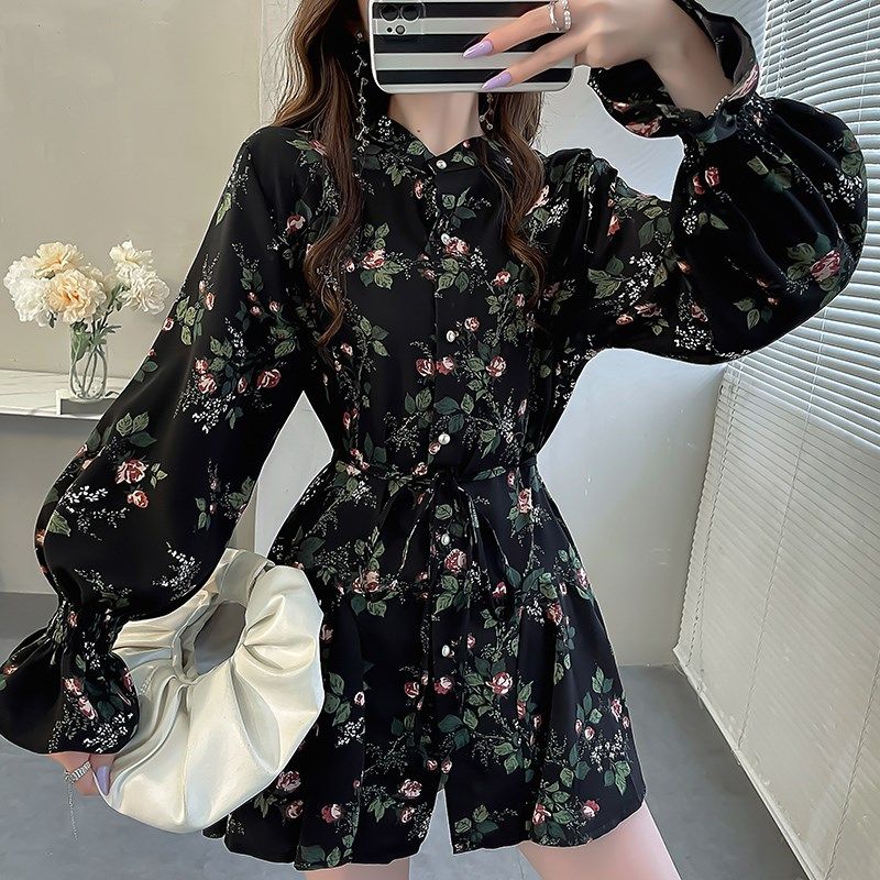 秋气质荷叶边法式碎花上衣系带中长款衬衫女遮屁股洋气喇叭袖衬衣,淘宝优惠券,粉丝福利购,淘宝优惠卷