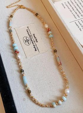 淡水珍珠混色天然石项链