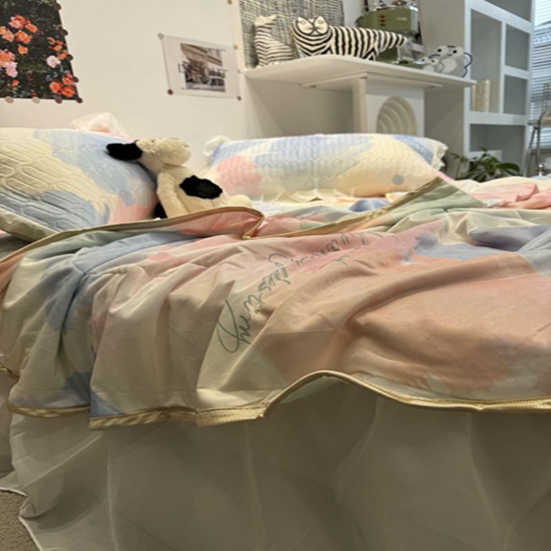 ins夏季多彩花颜缦纱床裙乳胶凉席三件套空调软凉感丝席子可水洗 - 图0