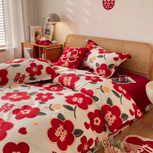 公主风100支印花婚庆四件套大红色全棉被套结婚床上用品婚嫁4 - 图1