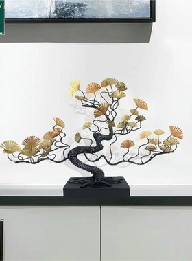 招财大型玄关迎客松树落地摆件酒店F大堂客厅桌面铁艺金属雕塑装