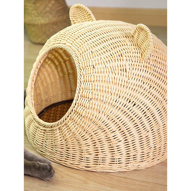 小熊耳朵圆形编织猫窝四季通用透气半封闭式安全感猫窝手工彷藤编,淘宝优惠券,粉丝福利购,淘宝优惠卷
