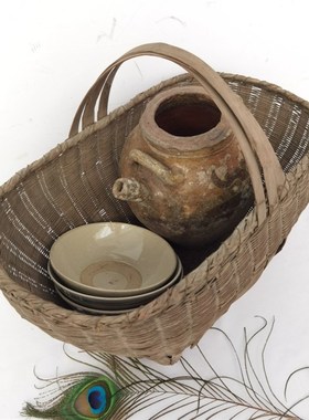 民俗怀旧老物件陶罐白碗r手提篮子煤油灯民国时期农民影视道具摆