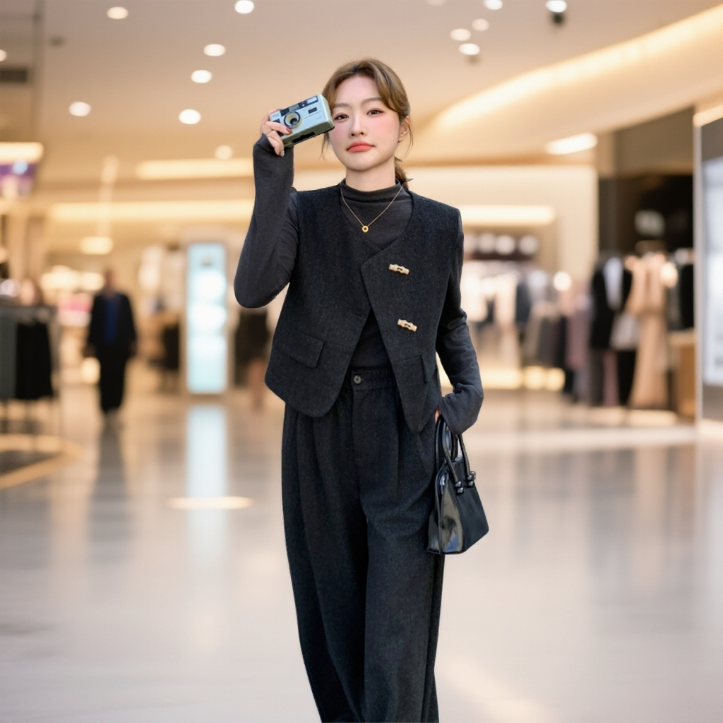 轻熟风时尚洋气打底衫2025春秋款小香风马甲休闲直筒长裤三件套女,淘宝优惠券,粉丝福利购,淘宝优惠卷