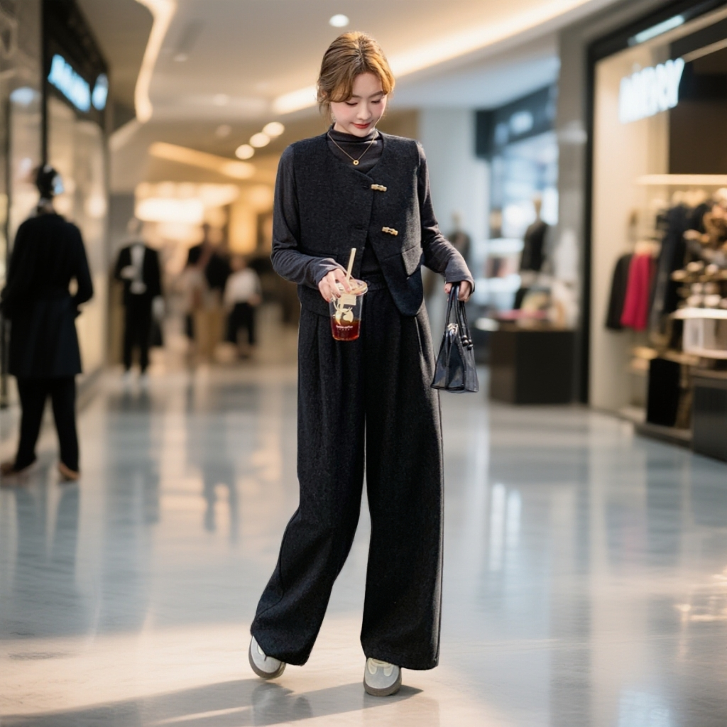 轻熟风时尚洋气打底衫2025春秋款小香风马甲休闲直筒长裤三件套女,淘宝优惠券,粉丝福利购,淘宝优惠卷