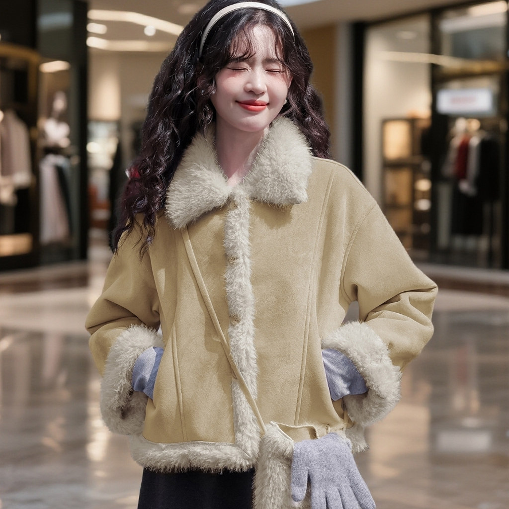 仿水貂毛绒外套女2025冬季新款加厚保暖皮毛一体夹克短款上衣外套,淘宝优惠券,粉丝福利购,淘宝优惠卷