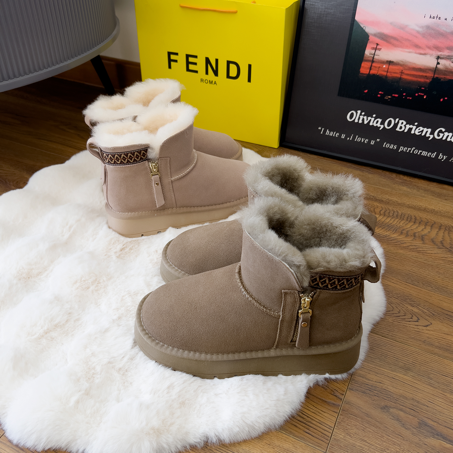 全羊毛雪地靴女短筒测拉链厚底羊毛靴防滑皮毛一体靴加厚保暖棉鞋 - 图1