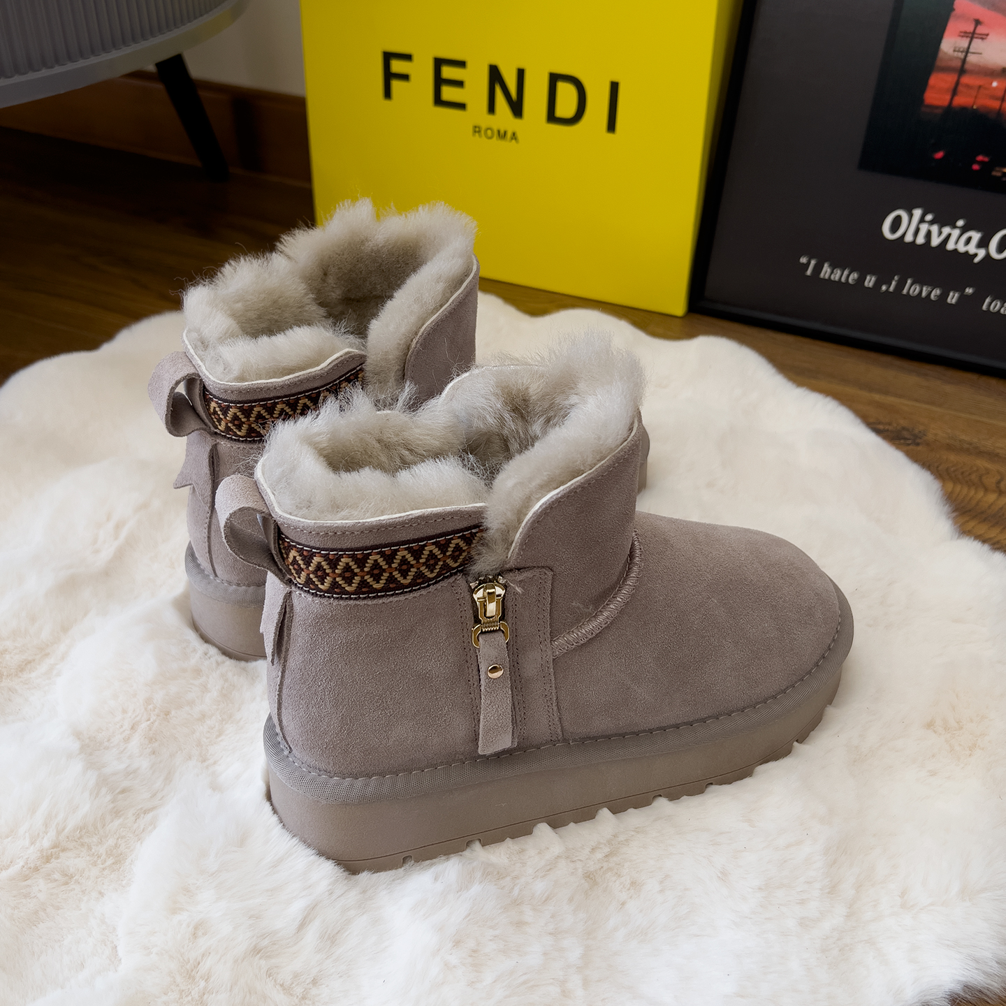 全羊毛雪地靴女短筒测拉链厚底羊毛靴防滑皮毛一体靴加厚保暖棉鞋 - 图2