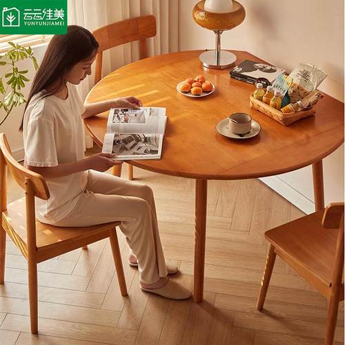 实木折叠圆餐桌家用小户型方桌可伸缩餐桌椅组合北欧圆桌樱桃木色 - 图2