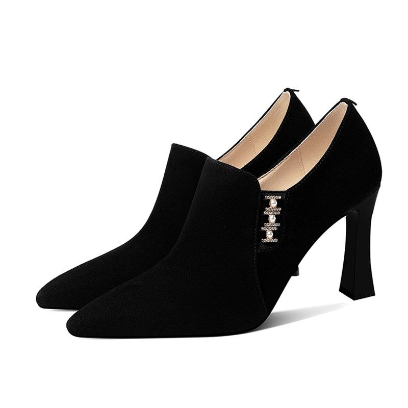 简约百搭深口鞋子女单鞋粗跟春秋季新款法式踝靴尖头高跟鞋磨砂皮,淘宝优惠券,粉丝福利购,淘宝优惠卷