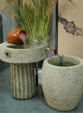 老石槽流水摆件庭院阳台小鱼池民俗鱼缸陶罐假山喷泉水景装饰造景