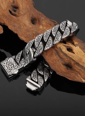 嘻哈男士手链男嘻哈潮酷复古做旧宽版古巴链男款图腾草纹手环饰品