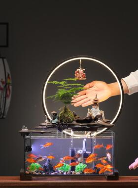 创意招财流水摆件循环水玻璃鱼缸造景假山客厅办公室乔迁礼装饰品