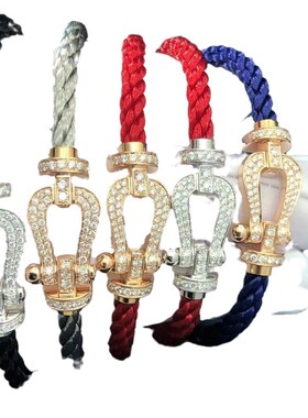 费家高版本满钻大号马蹄扣头手链V金镀18K金男女情侣款钢丝红手绳