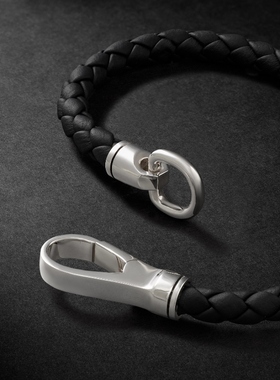John Hardy 男款编织皮革纯银手链 迷衣时尚