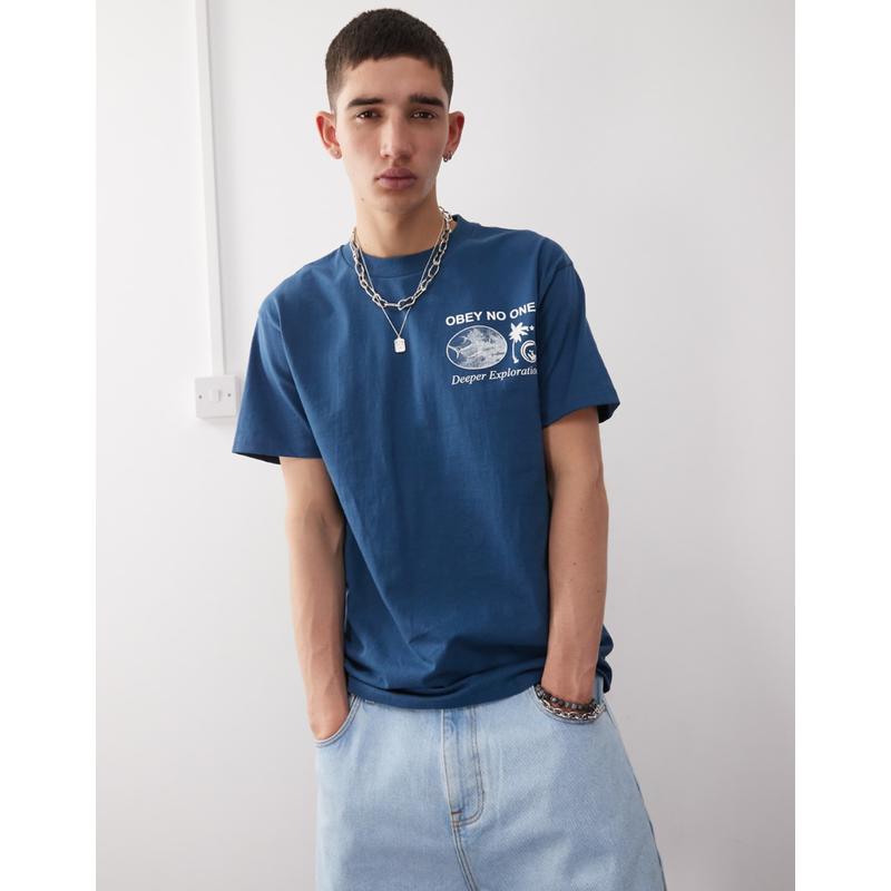 OBEY 男士 T恤 deeper exploration back 印花徽标T恤(蓝色) - 图0