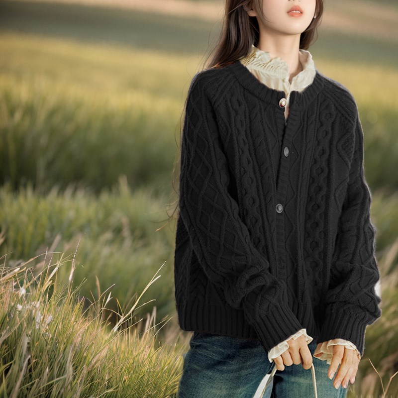 低圆领羊毛衫毛衣外套女短款宽松A慵懒风大码加厚粗线春秋针织开 - 图2