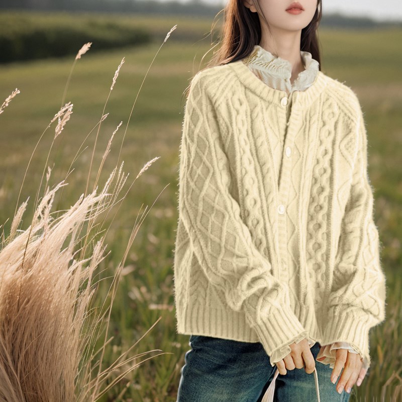 低圆领羊毛衫毛衣外套女短款宽松A慵懒风大码加厚粗线春秋针织开 - 图3