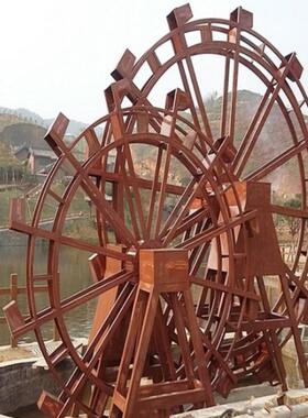 大型水车景观农村田园旋转流水摆件龙骨彷古手摇木质工程脚踏水车
