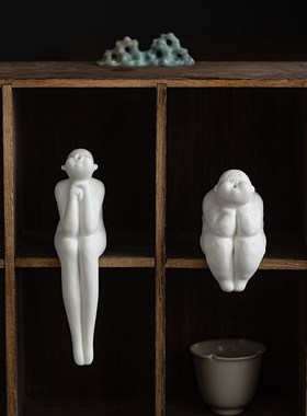 创意手工陶瓷人物丑萌小摆件禅意家居客厅办公室书房工艺品装饰品