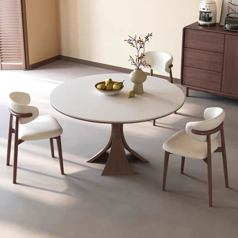 中古风圆形实木餐桌椅组合现代简约家用小户型复古黑色岩板小圆桌 - 图0