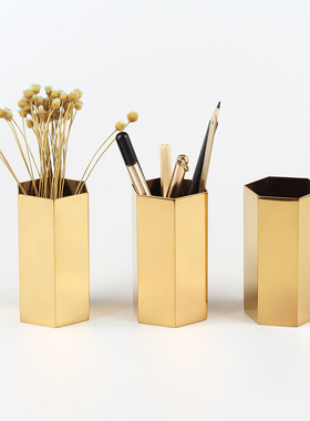 北欧 六角笔筒 不锈钢六边形花器 金色插花瓶 金属收纳置物筒摆件
