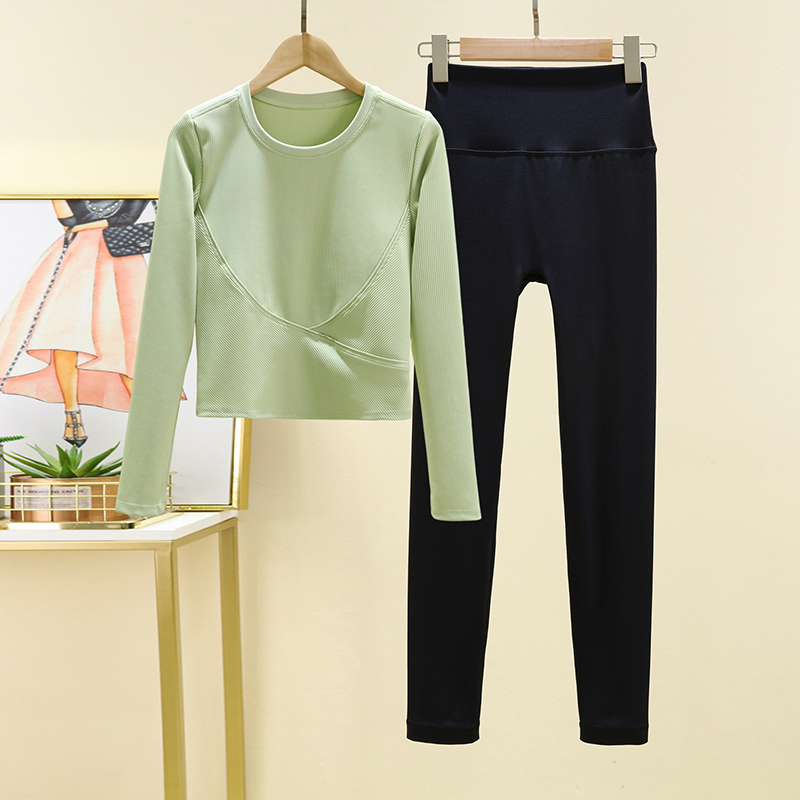 秋冬瑜伽服女套装打底衫普拉提跑步健身服短款运动长袖不带胸垫 - 图0