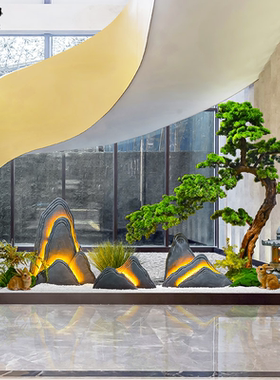 中式室内景观假山植物造