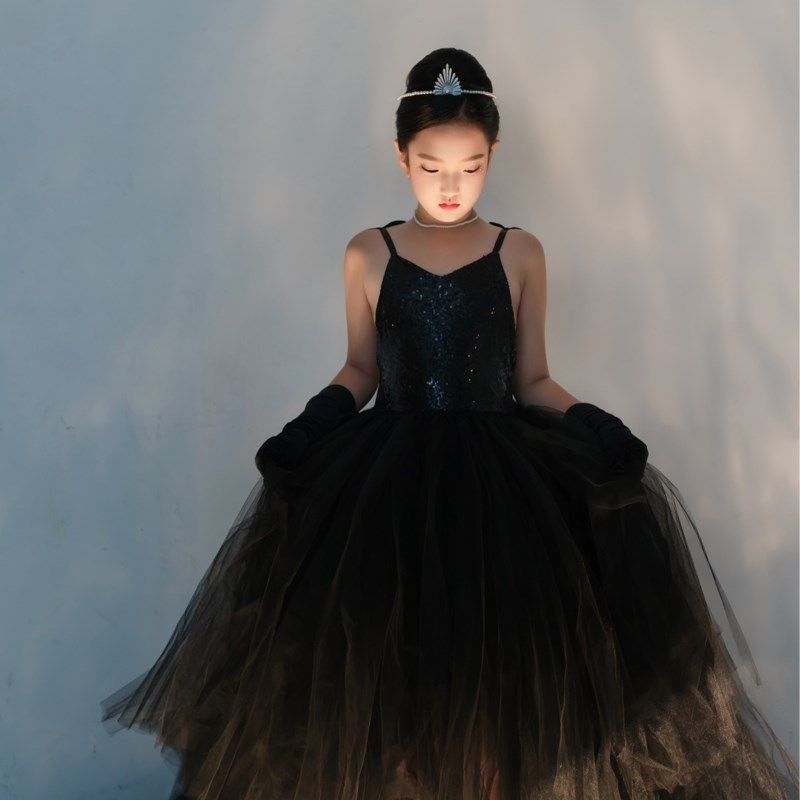女童黑色公主裙模特走秀拖尾晚礼服洋气演出服影楼摄影模卡蓬蓬裙,淘宝优惠券,粉丝福利购,淘宝优惠卷