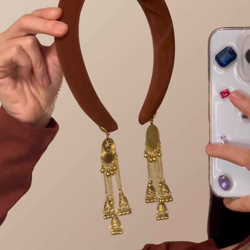 新中式风新款高级精致复古流苏发箍秋冬丝绒压发洗脸头箍发饰 - 图0