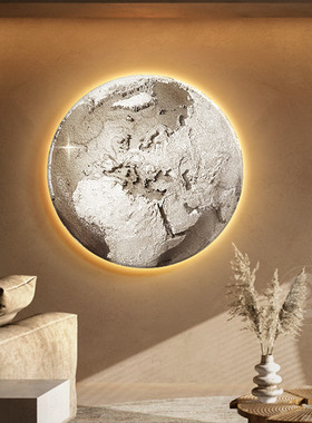 地球砂岩板玄关装饰画肌理客厅圆形发光挂画星球床头背景墙壁画灯