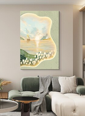海上日出玄关砂岩装饰画奶油风花卉走廊挂画肌理客厅带灯立体壁画